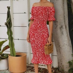 Off the shoulder red floral print midi dress